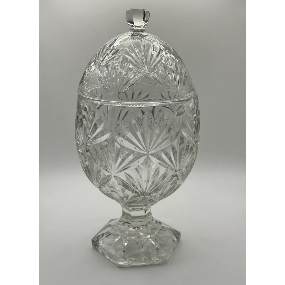 Vintage Egg Shaped Cut Glass Pedestal Candy Dish Jar with Lid, 9"